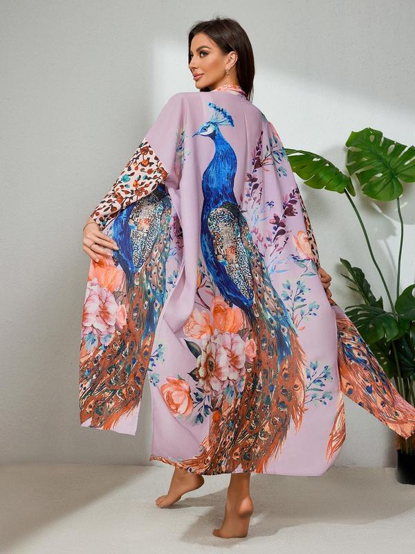  Peacock & Floral Print Belted Wrap Kimono Cardigan, Casual Three Quarter Length Sleeve Split Hem Kimono Cardigan, Women's Summer Swimwear for Beach Holiday Vacation