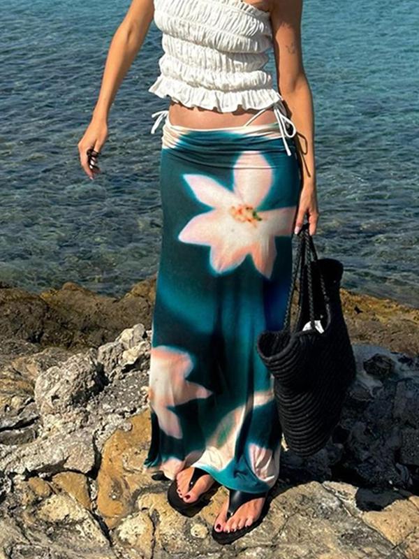 Women's Floral Print Drop Waist Skirt, Elegant Fashion Long Skirt for Beach Holiday Vacation, Ladies Summer Clothes