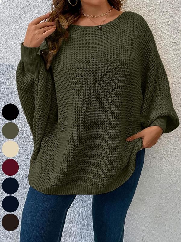  Solid Batwing Sleeve Boat Neck Sweater, Fall Outfits, Casual Long Sleeve Jumper for Fall, Women's Plus Clothing for Daily Wear, Back To School Outfit