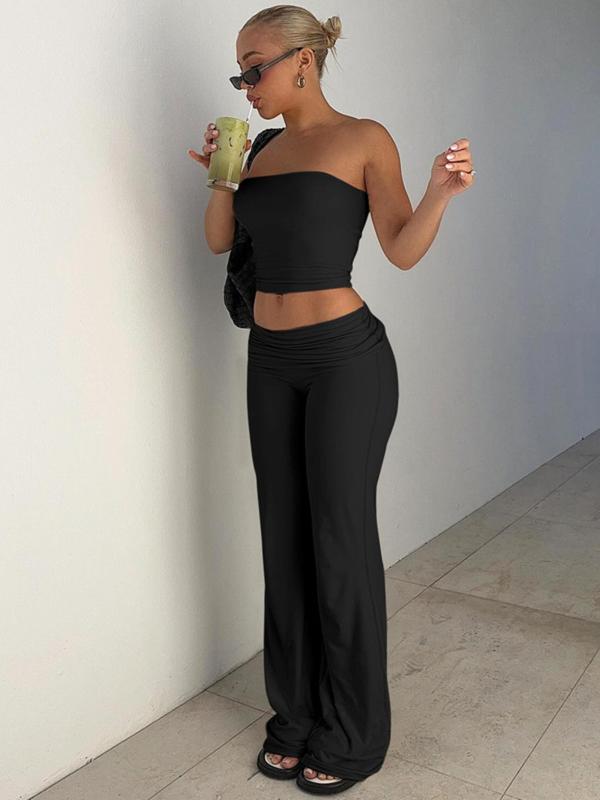 Two-Piece Set Women's Solid Crop Tube Top & Foldover Waist Flare Leg Pants, Casual Fashion Cozy Outfits for Daily Outdoor Wear, Ladies Clothes for Summer