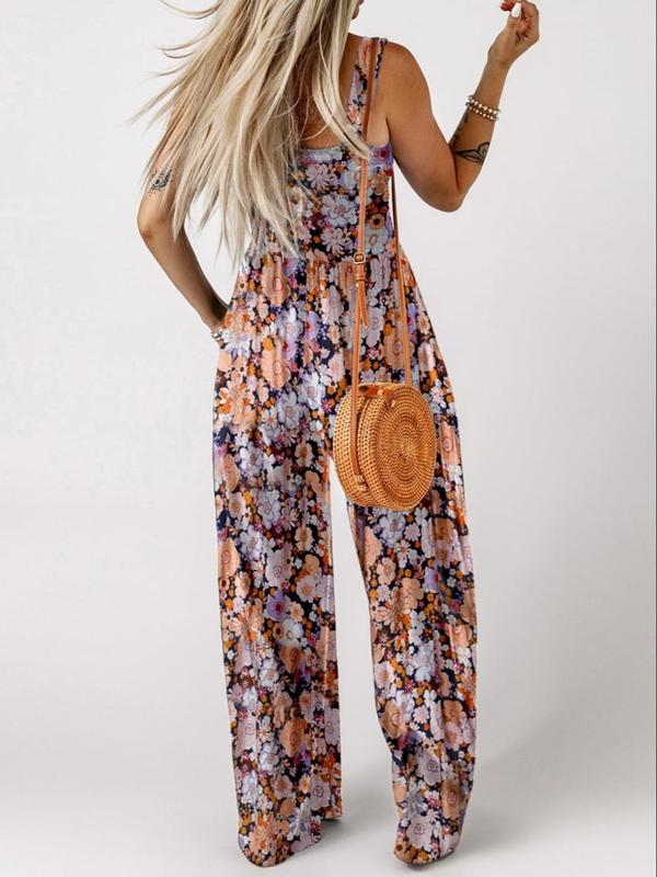 Women's Ditsy Floral Print Ruched Shirred Pocket Wide Leg Vintage Cami Jumpsuit, Back To School Summer Clothes, Bohemian Comfort Square Neck Jumpsuit for Daily Wear, Summer Outfits 2024, Strappy Womenswear, Ladies Fitted Clothes for Summer