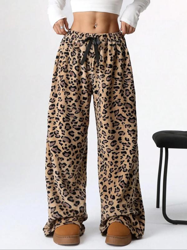 Women's Leopard Print Drawstring Waist Wide Leg Pants, Casual Comfy Straight Leg Fuzzy Trousers for Daily Wear, Ladies Bottoms for Fall & Winter