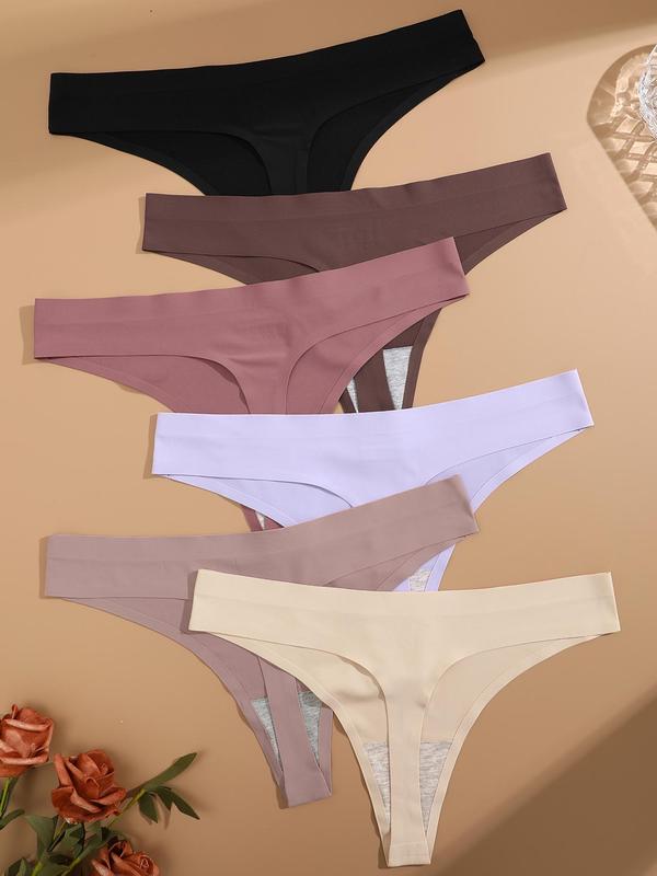 Women's Solid Color Seamless Drop Waist Thongs, Korean Wear, 6pcs Casual Comfy Breathable Panty, Ladies Underwear for All Seasons, Korean Streetwear