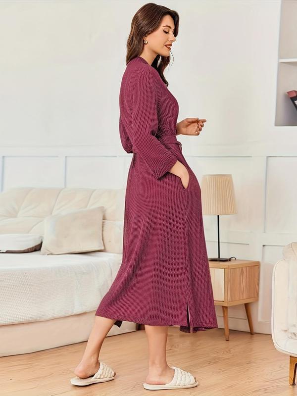 Women's Textured Waffle Knit Belted Split Hem Lounge Robe, Casual Long Sleeve Lounge Robe, Ladies Loungewear for Spring & Fall