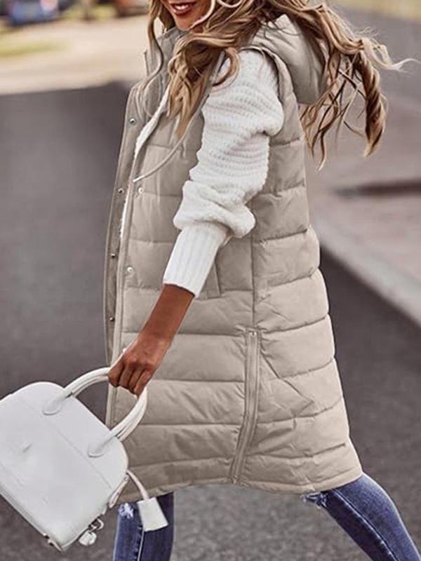 Women's Solid Button Front Drawstring Quilted Hooded Vest Coat, Casual Sleeveless Pocket Zipper Outerwear for Fall & Winter, Women's Clothing for Daily Wear