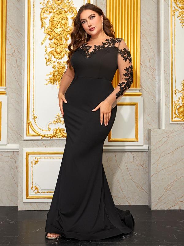 Plus Size Contrast Lace Sheer Mermaid Dress, Elegant Long Sleeve Round Neck Evening Party Gown, Dresses for Women, Women's Plus Size Clothes for All Seasons Christmas