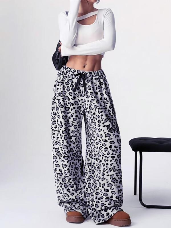 Women's Leopard Print Drawstring Waist Wide Leg Pants, Casual Comfy Straight Leg Fuzzy Trousers for Daily Wear, Ladies Bottoms for Fall & Winter