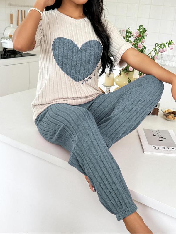 Women's Ribbed Pajama Set, Casual Heart Patchwork Embroidery Sleep Top & Plain Elastic Waist Pj Pants, Loungewear Summer Clothes Women, Lady Shortsleeve Homewear, Lounge Set, Comfort Sleepwear Set for Womenswear