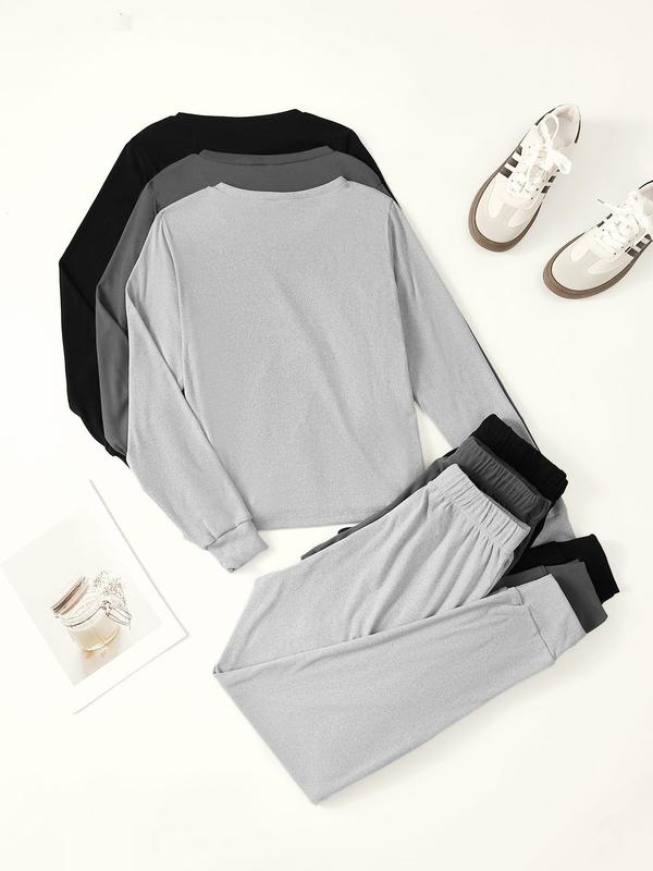 Women's Solid Color Long Sleeve Tee & Tie Front Elastic Waist Pants Loungewear Set, Casual Comfy Round Neck Top & Trousers Pj Set, Lounge Sets, Ladies Sleepwear for Spring & Fall