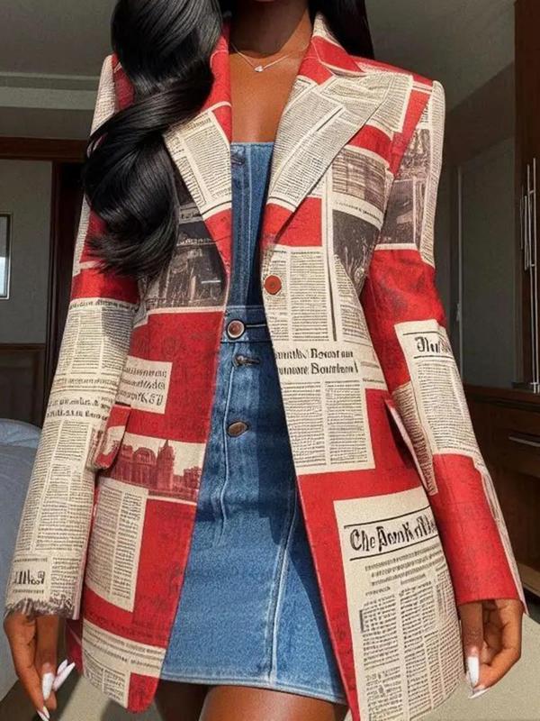 Women's All Over Newspaper Print Button Front Blazer, Elegant Long Sleeve Lapel Neckline Outerwear for Fall & Winter, Ladies Clothes for Daily Wear