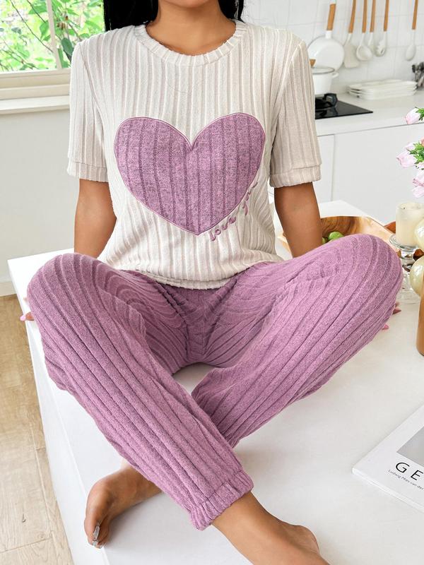 Women's Ribbed Pajama Set, Casual Heart Patchwork Embroidery Sleep Top & Plain Elastic Waist Pj Pants, Loungewear Summer Clothes Women, Lady Shortsleeve Homewear, Lounge Set, Comfort Sleepwear Set for Womenswear