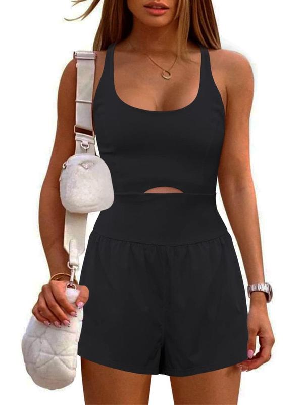 Women's Plain Criss Cross Cut Out Backless Tank Romper, Casual Sleeveless Romper for Summer, Ladies Clothes for Daily Wear