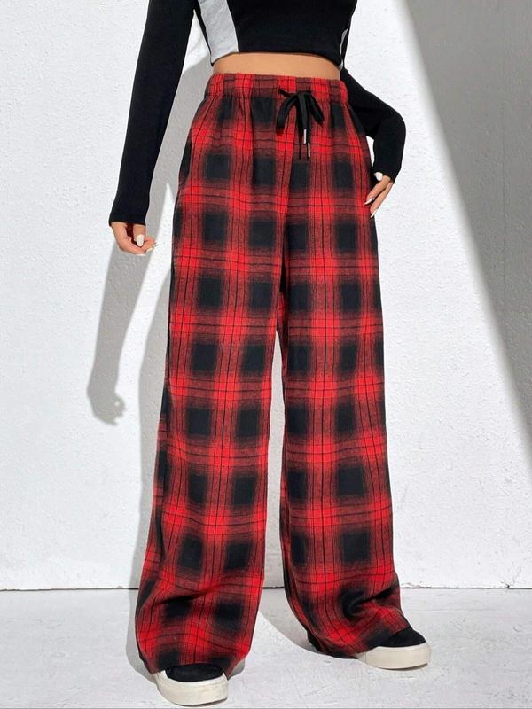 Women's Plaid Print Drawstring Waist Wide Leg Pants, Casual Comfy Elastic Waist Trousers for Daily Wear, Ladies Bottoms for All Seasons