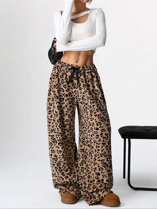 Women's Leopard Print Drawstring Waist Wide Leg Pants, Casual Comfy Straight Leg Fuzzy Trousers for Daily Wear, Ladies Bottoms for Fall & Winter