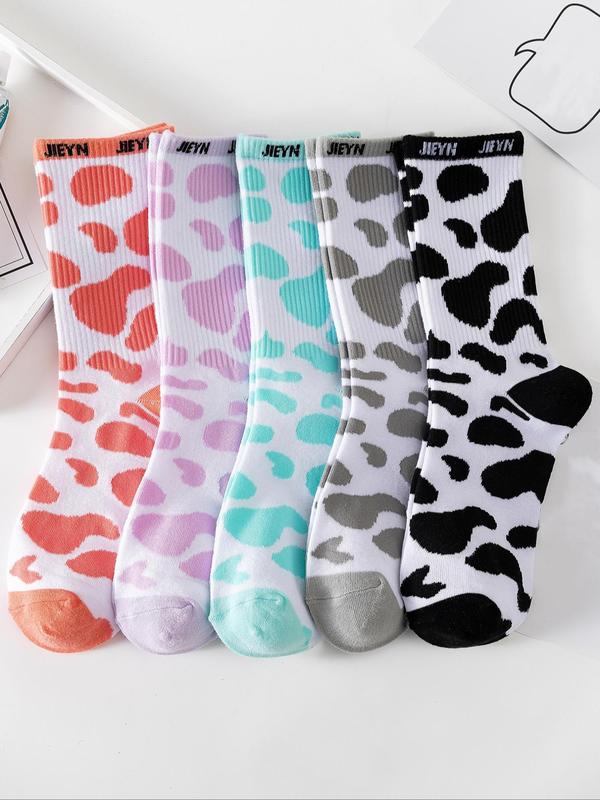 Women's Cow & Letter Print Crew Socks, Casual Moisture Wicking Socks, Soft Comfy Breathable Socks for All Seasons Daily Wear, Comfort Womenswear