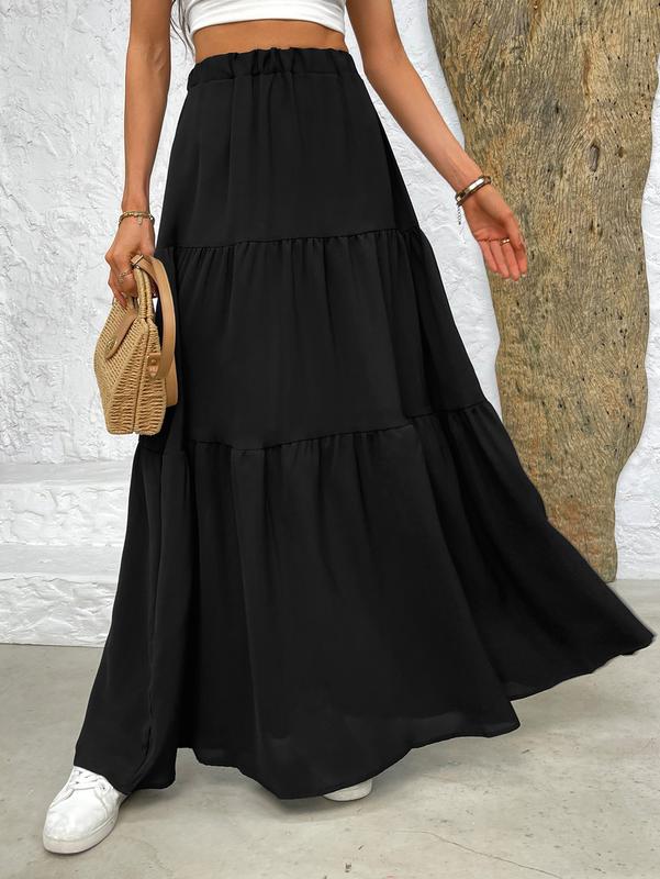 DUNEA Women's Solid High Waist Pleated Skirt, Elegant Black Tiered Maxi Skirt, Ankle Length Shirred Waist, Spring & Fall Skirt, Ladies Bottoms for Daily Wear, Versatile and Chic ,Lady Comfort, Basic Casual Minimalist, Flowy Black Tier Skirt