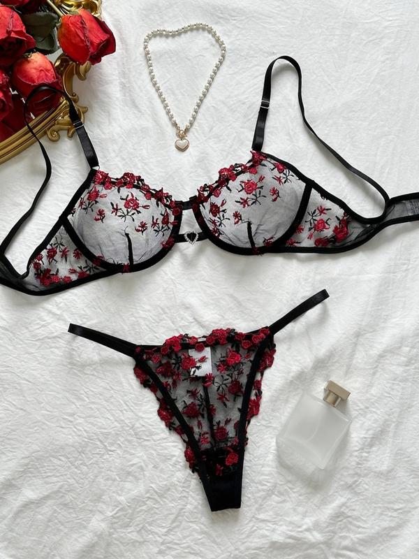 Women's Embroidered Sheer Sexy Lingerie Set, Romantic Adjustable Strap Bra & Thong, Summer Wear 2024, Women Sexy Lingerie, Underwear Sets, Bridal Underwear