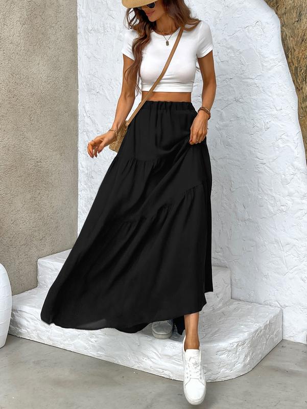 DUNEA Women's Solid High Waist Pleated Skirt, Elegant Black Tiered Maxi Skirt, Ankle Length Shirred Waist, Spring & Fall Skirt, Ladies Bottoms for Daily Wear, Versatile and Chic ,Lady Comfort, Basic Casual Minimalist, Flowy Black Tier Skirt