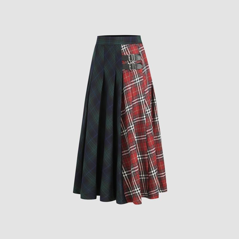 Cider [size 2-26] Mid Waist Patched Check Buckle Maxi Skirt