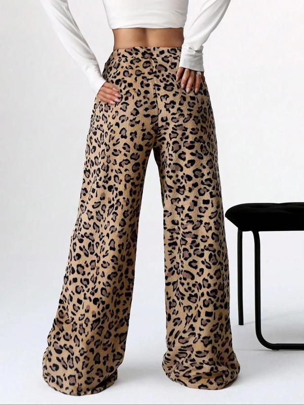 Women's Leopard Print Drawstring Waist Wide Leg Pants, Casual Comfy Straight Leg Fuzzy Trousers for Daily Wear, Ladies Bottoms for Fall & Winter