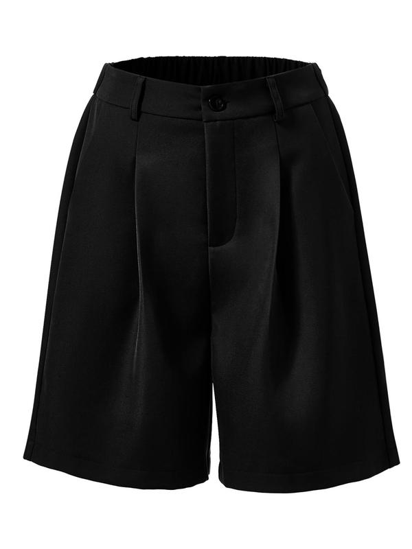 Women's Plain Button Plicated Bermuda Shorts, Casual Elastic Waist Pocket Shorts for Summer, Ladies Bottoms for Daily Wear