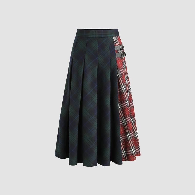 Cider [size 2-26] Mid Waist Patched Check Buckle Maxi Skirt