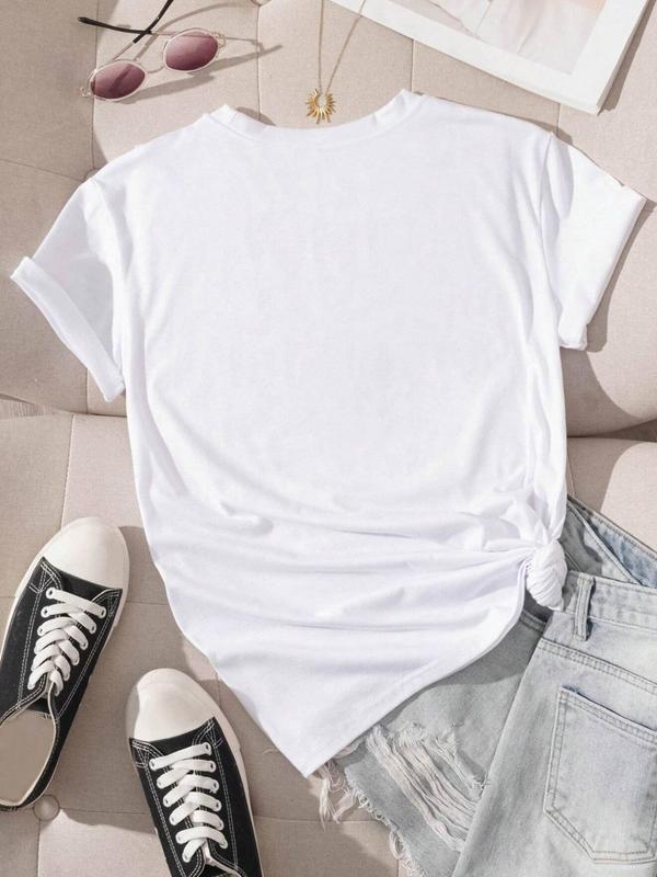 Women's Letter Print Round Neck Tee, Casual Short Sleeve Crew Neck T-shirt for Fall, Fashion Women's Top for Daily Wear