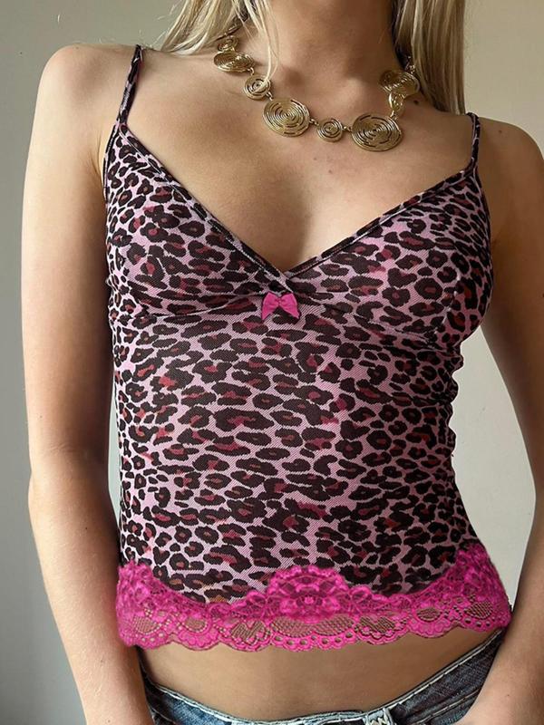 Women's Leopard Print Bow Decor Contrast Lace Tulle Cami Top, Summer Clothes Women, 2000s Y2K Trendy Casual V Neck Spaghetti Strap Top for Summer, Women's Top for Daily Wear