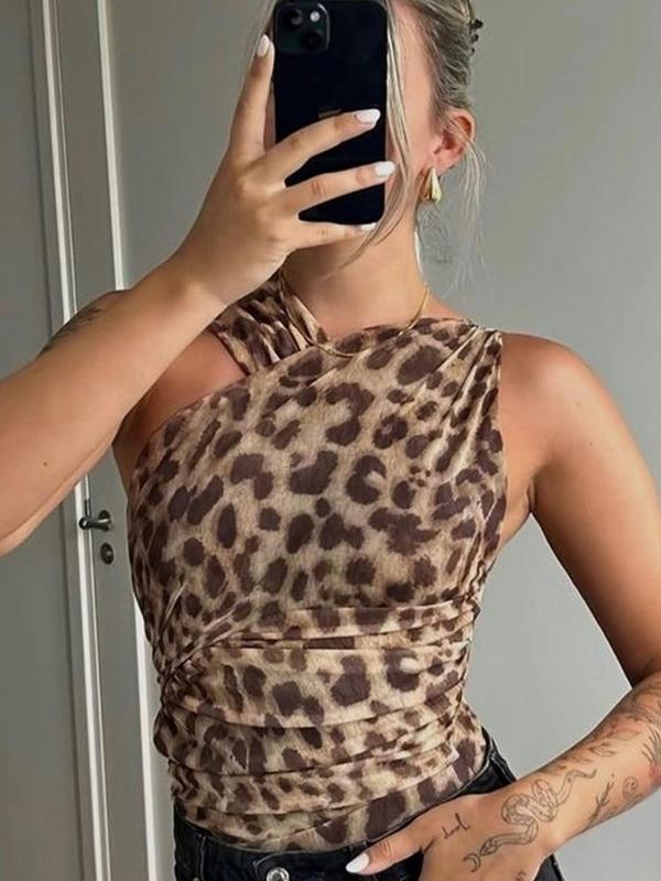 Women's Leopard Print Ruched Asymmetrical Neck Tulle Bodysuit, Casual Fashion Sleeveless Button Crotch Bodysuit for Summer, Women's Clothing for Daily Wear