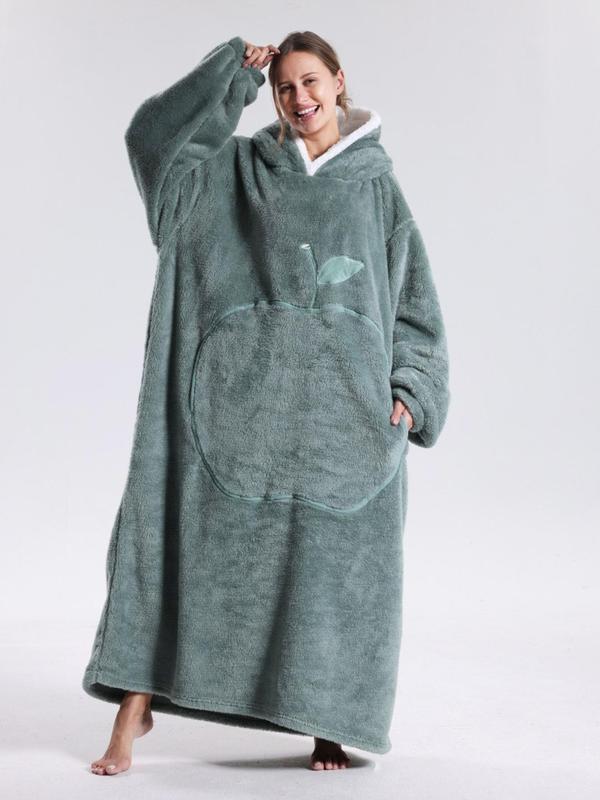 Women's Solid Pocket Hooded Flannel Lounge Robe, Casual Drop Shoulder Longsleeves Robe, Oversized Blanket Hoodie Loungewear, Giant Wearable Blanket, Sherpa Fleece Wearable Blanket with Big Pocket, Women's Sleepwear for Fall & Winter, Fluffy Pajamas