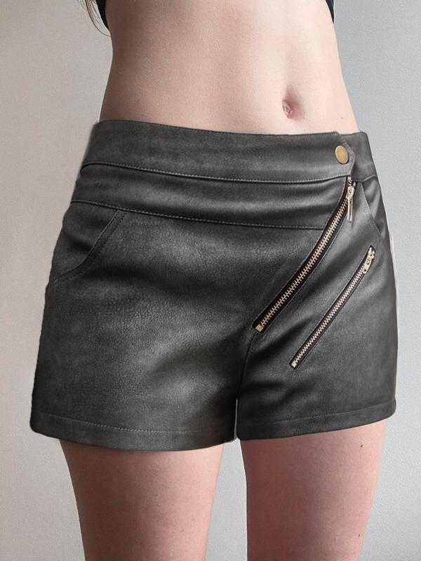 Women's Solid Color Button Fly Pocket PU Shorts, Fashion Casual Zipper Shorts for Daily Outdoor Wear, Ladies Bottoms for Summer