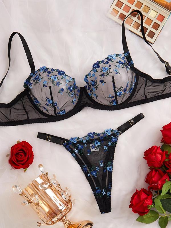  Ditsy Floral Embroidery Sheer Lingerie Two-Piece Set, Adjustable Strap Push Up Bra & Thong Set, Women's Lingerie Set for All Seasons