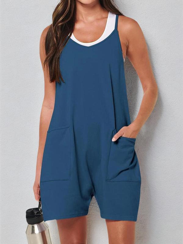 Women's Plain Pocket Adjustable Strap Cami Romper without Tank Top, Casual Sleeveless Jumpsuit for Summer, Ladies Clothes for Daily Wear, Back-to-School Clothing, Summer Outfits