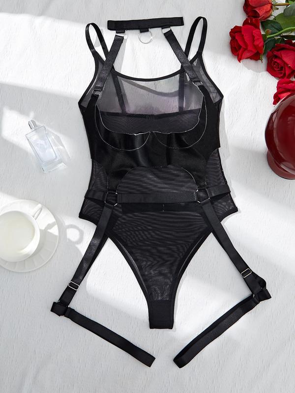 Women's Solid Ring Linked Sheer Mesh Teddy Bodysuit, Adjustable Strap Design Bodysuit for Women, Fashion Comfy Women's Underwear for All Seasons