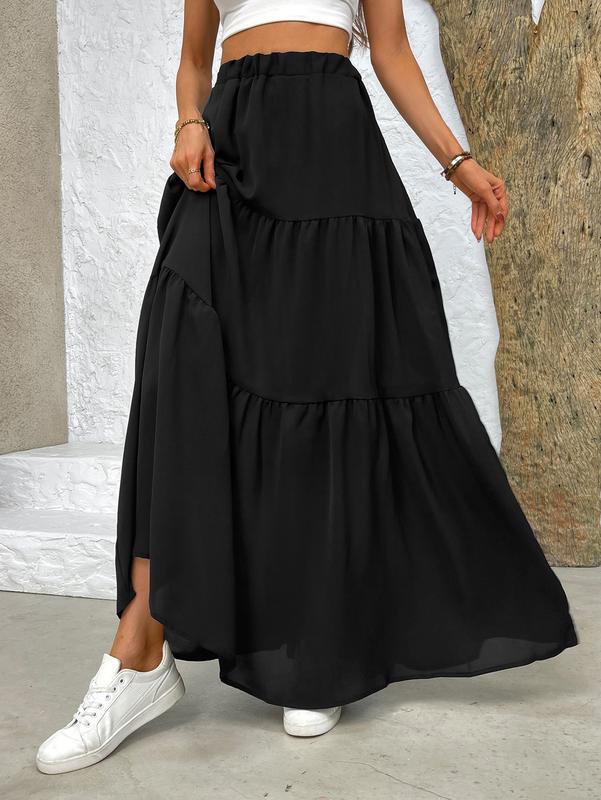 DUNEA Women's Solid High Waist Pleated Skirt, Elegant Black Tiered Maxi Skirt, Ankle Length Shirred Waist, Spring & Fall Skirt, Ladies Bottoms for Daily Wear, Versatile and Chic ,Lady Comfort, Basic Casual Minimalist, Flowy Black Tier Skirt