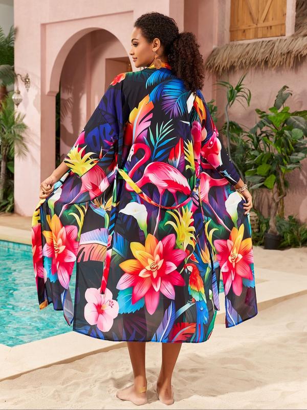  Peacock & Floral Print Belted Wrap Kimono Cardigan, Casual Three Quarter Length Sleeve Split Hem Kimono Cardigan, Women's Summer Swimwear for Beach Holiday Vacation