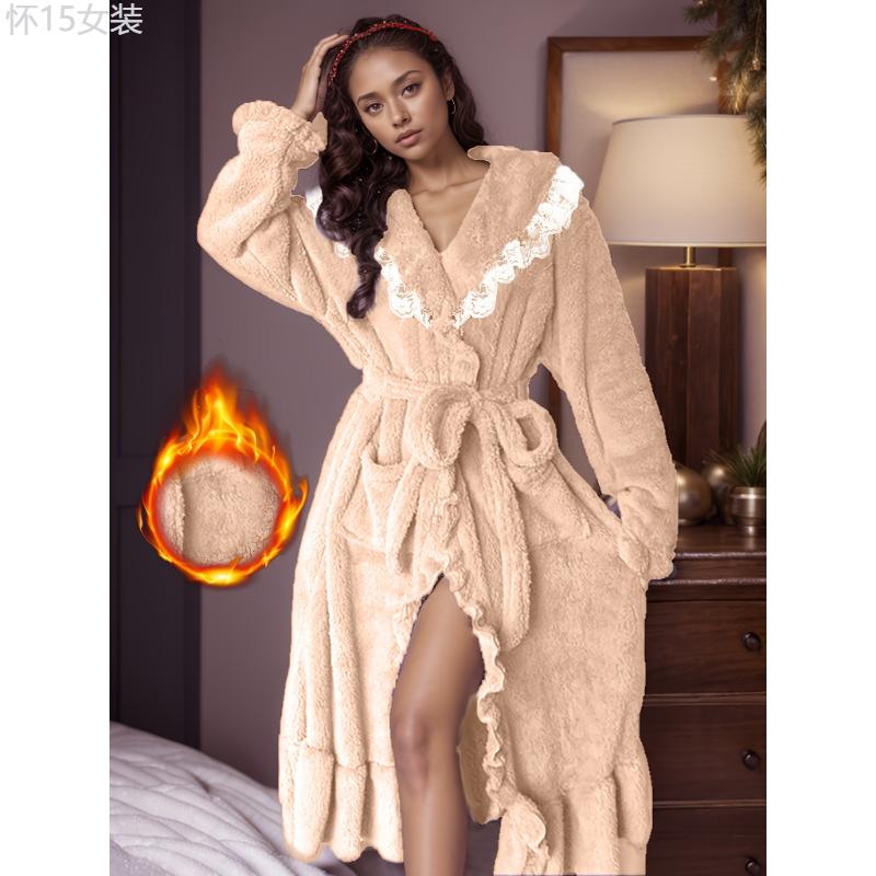 Elegant Solid Lace Trim Fleece Thickened Night Robe For Fall & Winter, Flounce Sleeve Shawl Collar Ruffle Hem Robe With Belt, Women's Sleepwear & Dresses Fabric Womenswear bridal robes Gowns bridal robes Loungewear