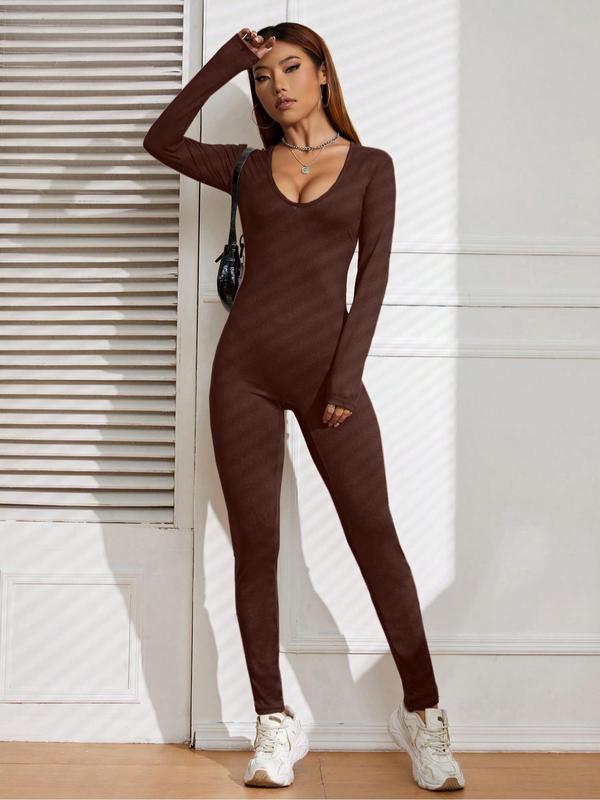 Women's Solid Long Sleeve Jumpsuit, Casual Comfy Bodycon Jumpsuit for Spring & Fall, Ladies Clothes for Daily Wear