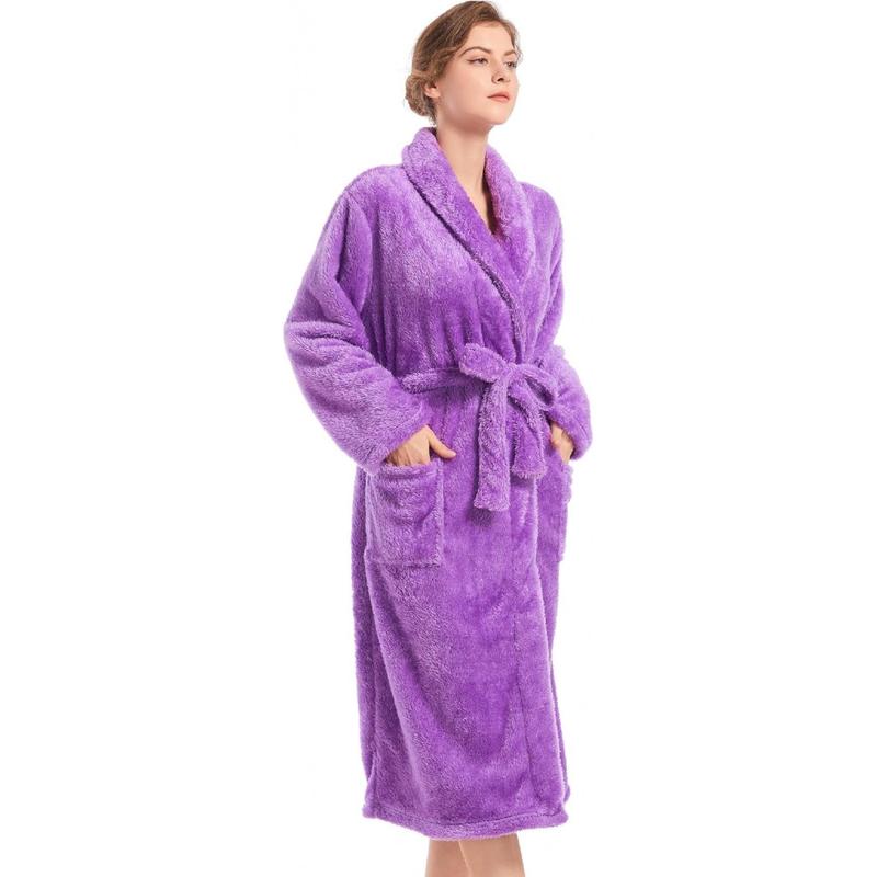 Womens Plush Fleece Robe, Cozy Warm Bathrobe Fuzzy Female Spa Robe With Pockets Womenswear Gowns Loungewear Nightwear