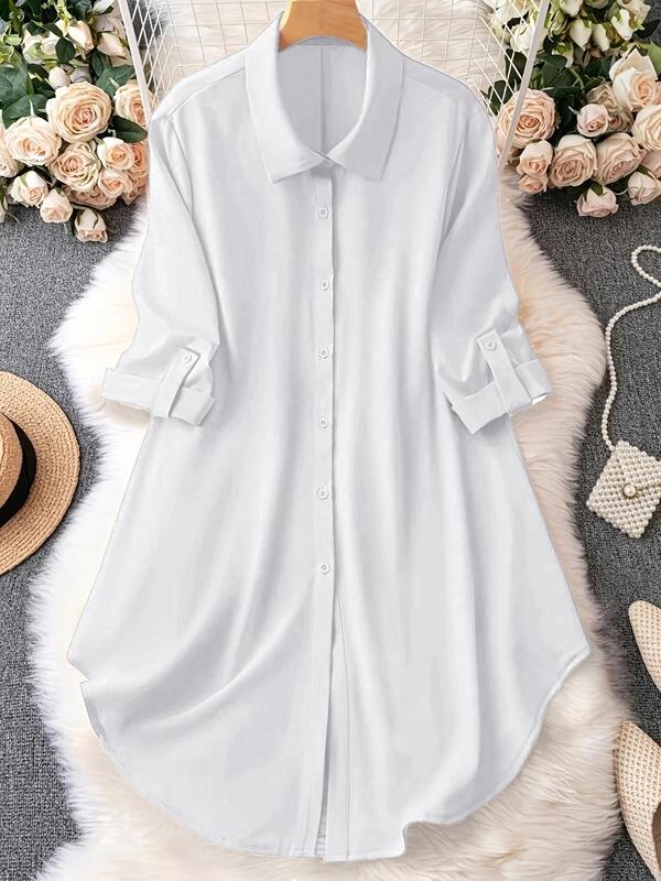  Minimalist Solid Long Sleeve Button Front Fitted Shirt, Longsleeves Blouses, Womenswear Blouse, Lady Casual Comfort Collared Button Up Top for Spring & Fall, Plus Size Clothing, Women's Clothes for Daily Wear, Fall Outfits, Fallfreshness