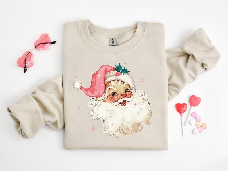 Pink Santa Retro Christmas T-Shirts Sweatshirts for Women Pink Christmas Matching Family Sweaters Pink Vintage Holiday Crewneck Group Party