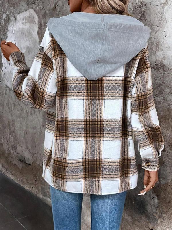 Women's Plaid Print Button Front Drawstring Hooded Shirt, Casual Long Sleeve Pocket Hooded Top for Fall & Winter, Women's Clothes for Daily Wear