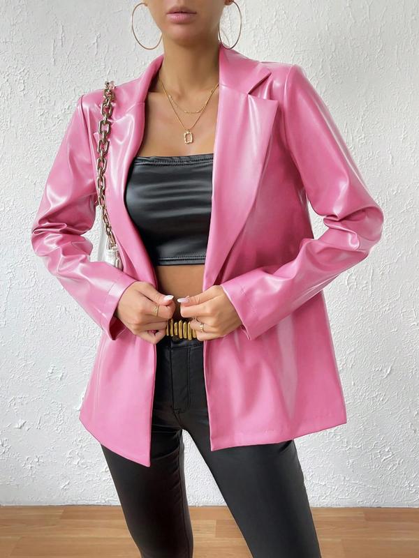 Women's Single Breasted Lapel Blazer Jacket, Fall Outfits, Fallfreshness Elegant Long Sleeve Button Front PU Leather Outerwear, Fashion Women's Clothing for Daily Wear, Women's Fall Outfits, Faux Leather Coats, Clothes Women, Fall Clothing Women