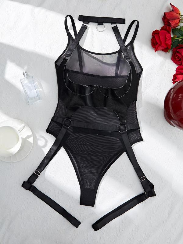 Women's Solid Ring Linked Sheer Mesh Teddy Bodysuit, Adjustable Strap Design Bodysuit for Women, Fashion Comfy Women's Underwear for All Seasons