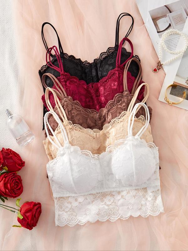 Women's Contrast Lace Scallop Trim Padded Bra, Solid Color Push Up Cami Lingerie Bra for Daily Wear, Soft Comfy Breathable Lingerie for Fall, Women's Fall Clothing Comfortable