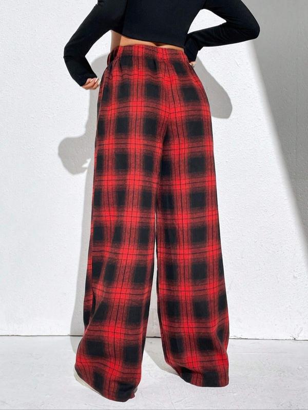 Women's Plaid Print Drawstring Waist Wide Leg Pants, Casual Comfy Elastic Waist Trousers for Daily Wear, Ladies Bottoms for All Seasons