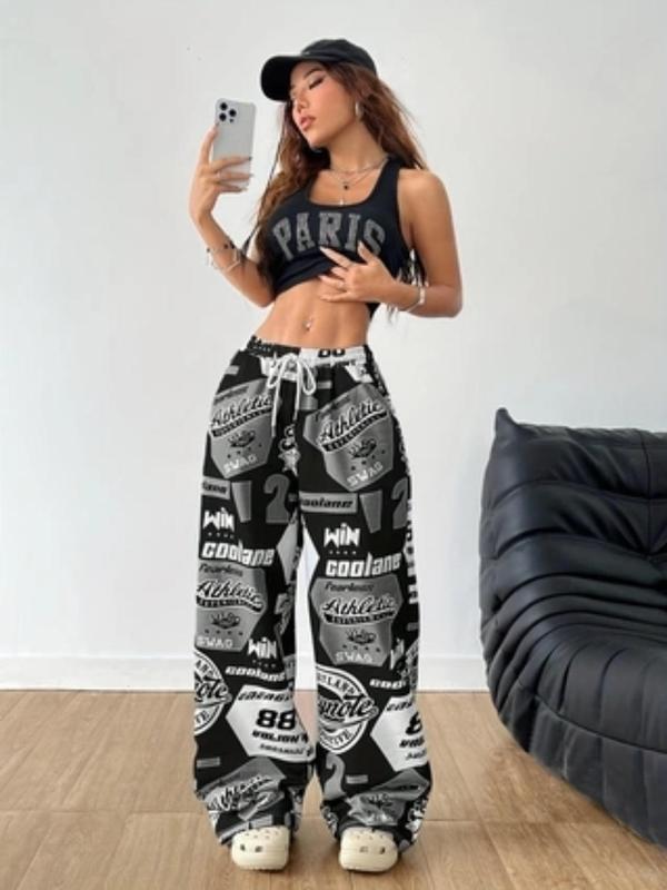 Women's All Over Print Drawstring Waist Wide Leg Sweatpants, Casual Pocket Trousers for Daily Wear, Ladies Bottoms for All Seasons