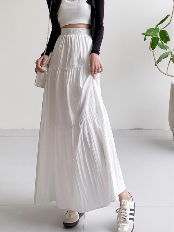 Women's Solid Ruffle Hem High Waist Skirt, Casual Elastic Waist A Line Long Skirt, Ladies Bottoms for All Seasons