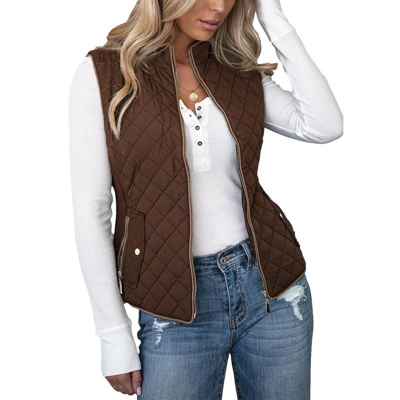 Goranbon Women's Vest Padded Stand Collar Lightweight Outerwear Casual Zip Pocket Quilted Vest Coat for Women