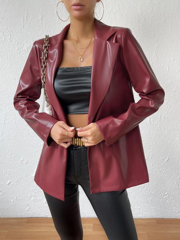 Women's Single Breasted Lapel Blazer Jacket, Fall Outfits, Fallfreshness Elegant Long Sleeve Button Front PU Leather Outerwear, Fashion Women's Clothing for Daily Wear, Women's Fall Outfits, Faux Leather Coats, Clothes Women, Fall Clothing Women